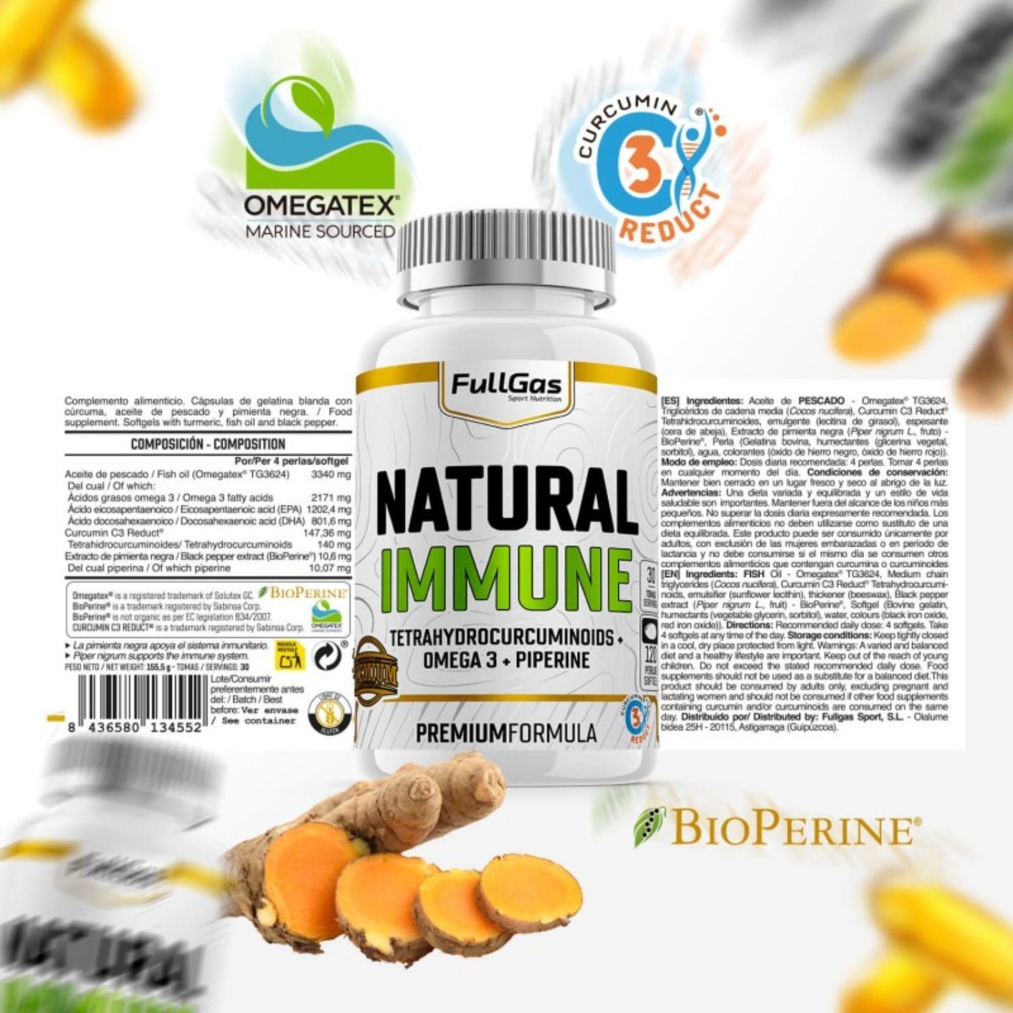 FullGas - Natural Immune - Anti inflamatorio natural - Omega 3 y Cúrcuma | 3340mg de Omega 3 y 1000mg de Cúrcuma
