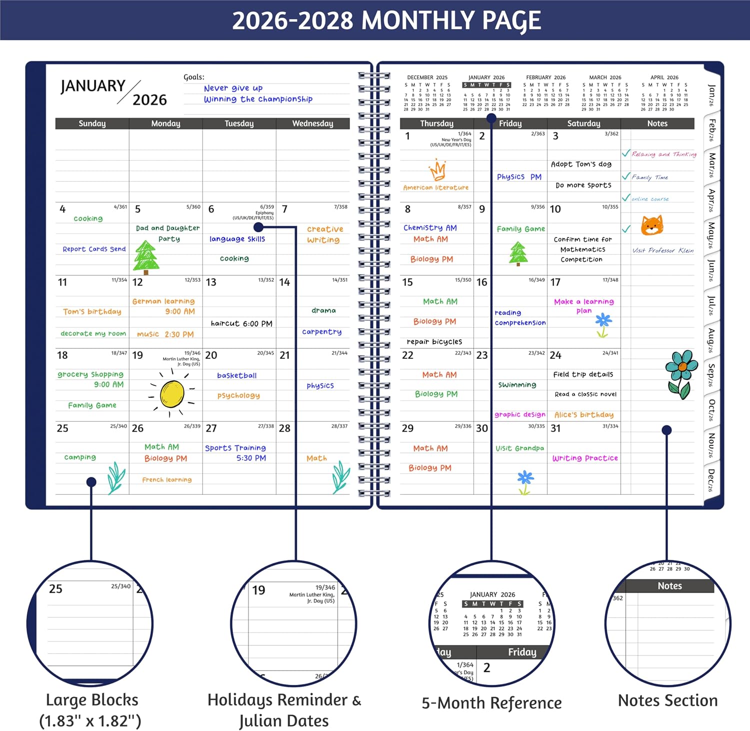 Monthly Planner 2026-2028, 36 Months Calendar Planner 2026-2028 from Jan 2026 – Dec 2028, 8.5'' x 11'' with Ruled Spread, Flexible Cover, Spiral Wirebound, Pocket, Coated Tabs, Notes ＆ Habit Tracker thumbnail