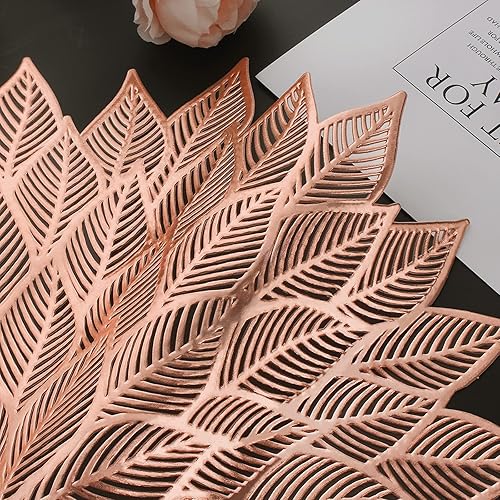 Miniatura 7 de Juego de 8 manteles individuales redondos con diseño de flores huecas para mesa de comedor, vinilo prensado con hojas florecientes para vacaciones,