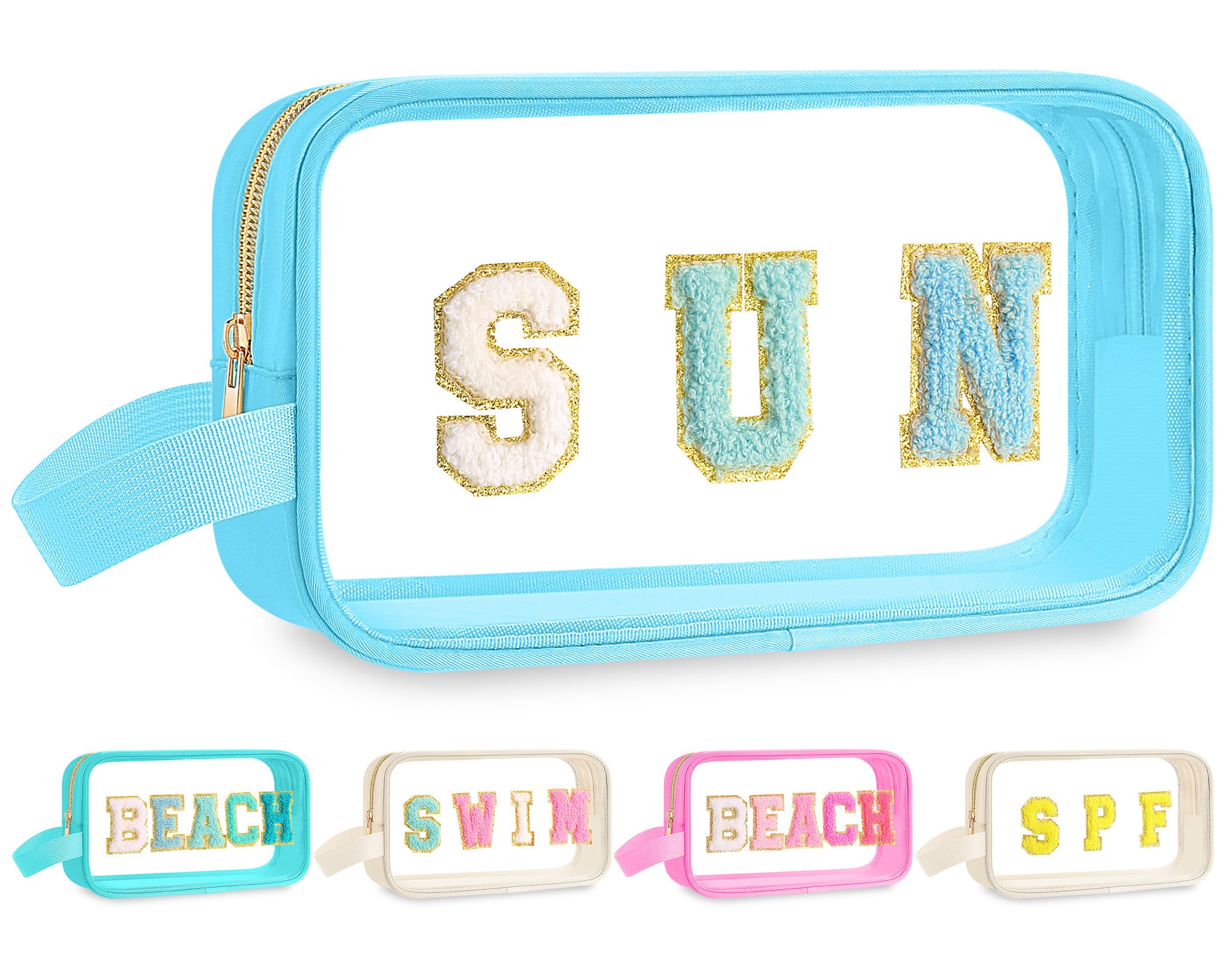 Kacctyen Clear Beach Swim Spf Makeup Bag Preppy Chenille Letter Cosmetics Bag Nylon Toiletry Bag Waterproof Monogram Makeup Travel Pouch Snack Bags