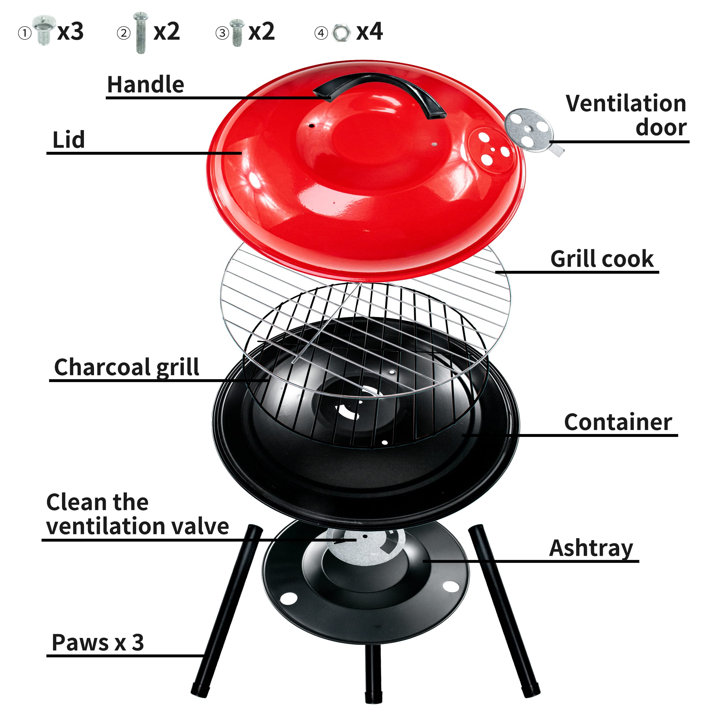 Barbacoa BESCH Redonda con 3 Patas Desmontables de Acero 37 x 37 x 39 cm con Bandeja y Tapa - Parrilla Barbacoa de Carbón o Madera Exterior, Camping y Picnic