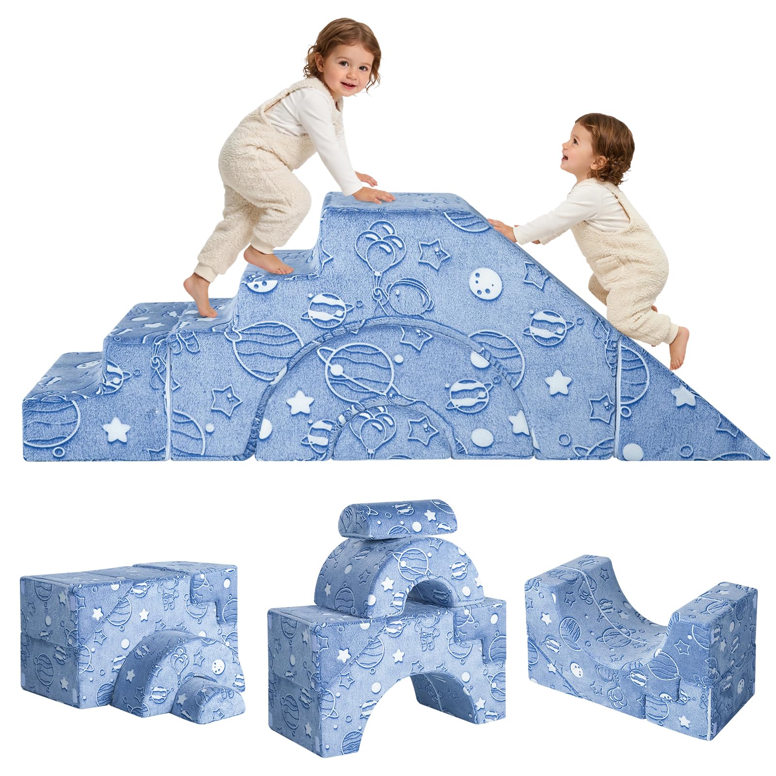 MeMoreCool Kids Play Sofa, Modular Toddler Climbing Couch, Blue Astronaut