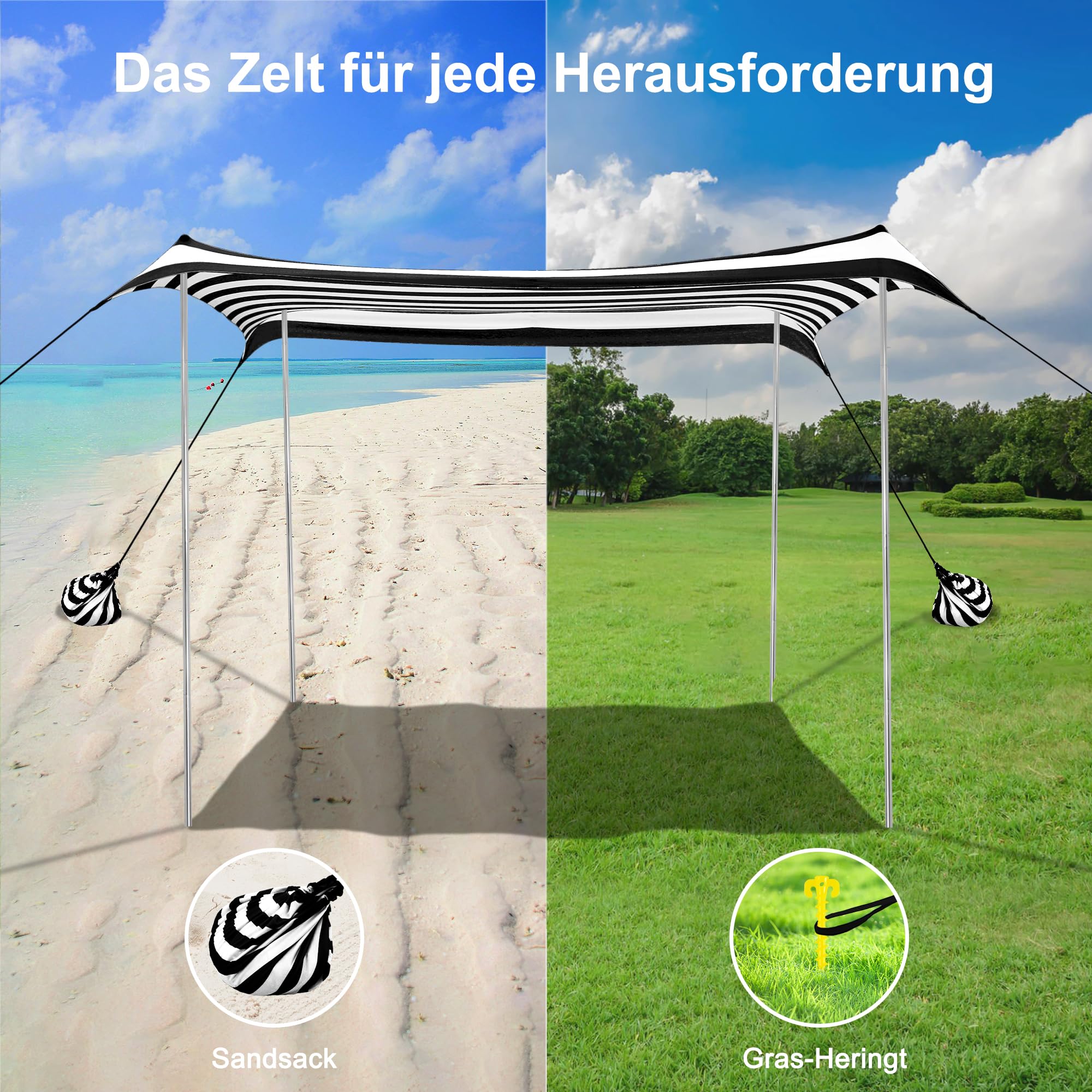 Strandzelt Sonnenschutz Strandmuschel mit UV-Schutz UPF 50+ -3x3m Tragbar für Strand, Outdoor, Camping & Garten-Inkl. Sandsäcke, Stangen, Heringe & Windseile-Für Picknick, Angeln-Schwarz Streifen