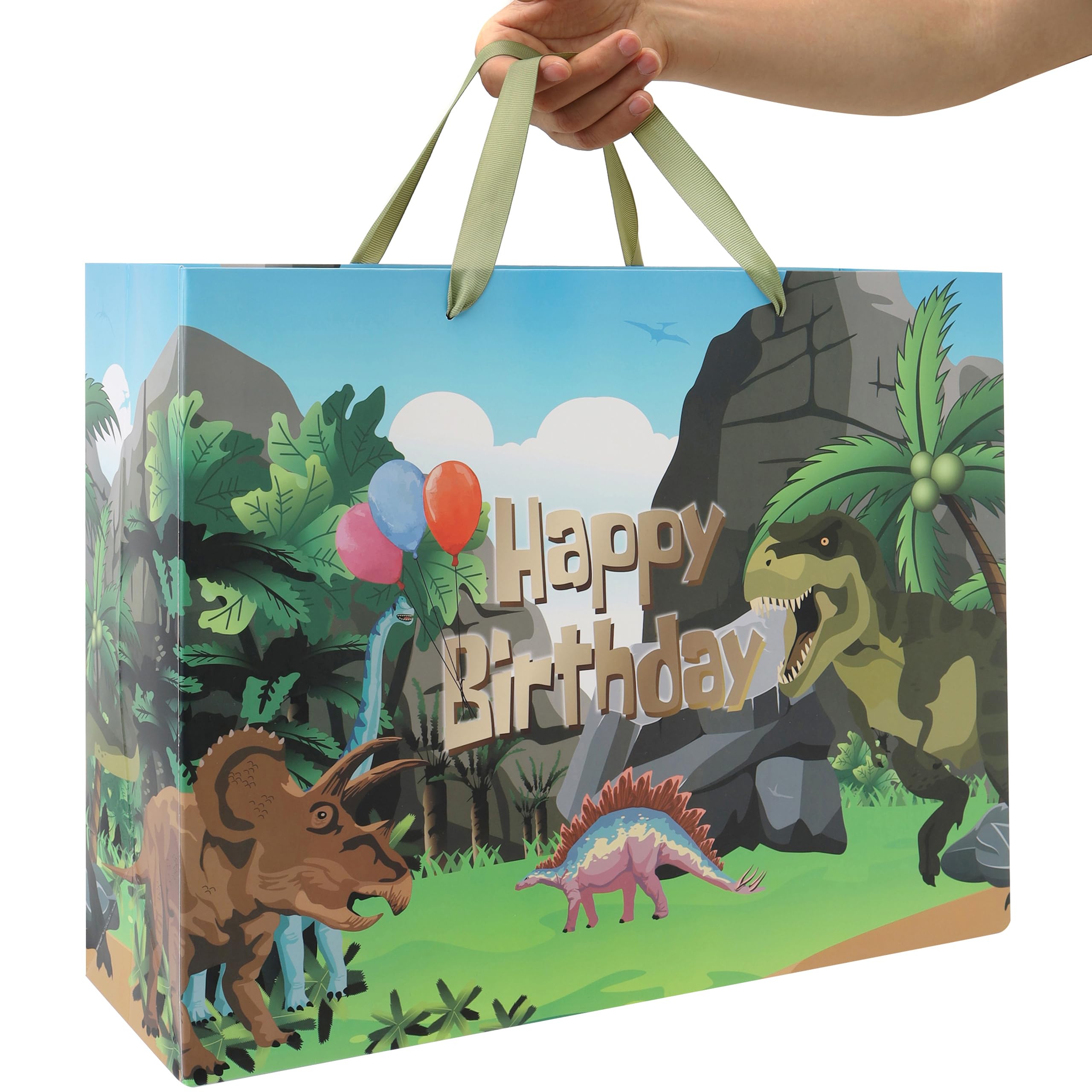 16.5'' Extra Large Dinosaur Birthday Gift Bag Set with Handles, Greeting Card, Black Tissue Papers and Stickers for Boys Kids Teens, Dinosaur Design, 1 Pcs