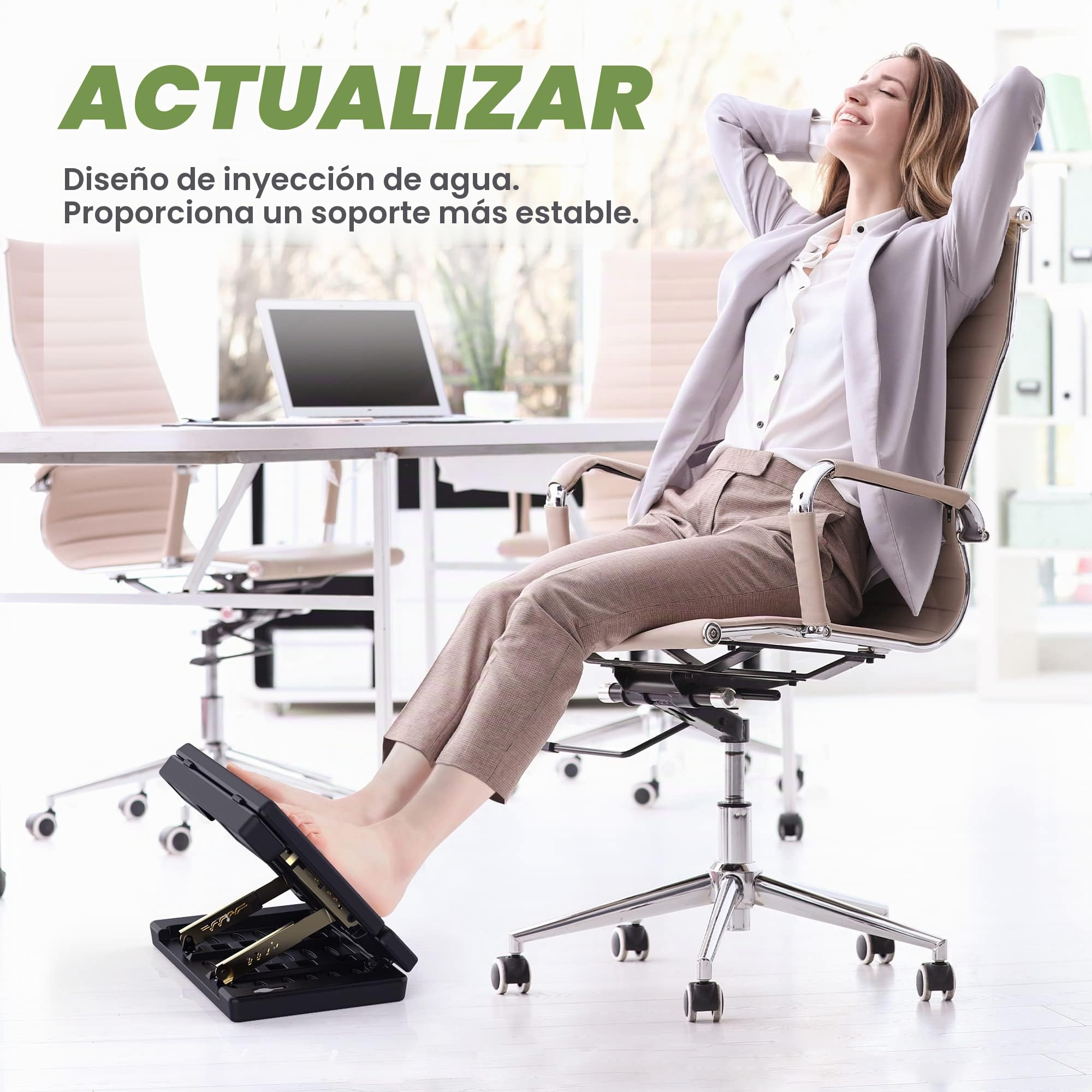 Reposapiés Pro | Rodillo de masaje y cuentas | para coche, debajo del escritorio, hogar, tren | Ajuste de altura flexible | (negro)