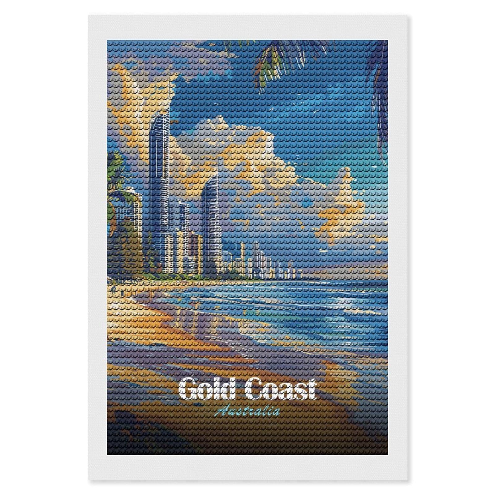 Junmoney Gold Coast Australia Beach Skyline DIY Diamond Art Canvas Kit 8"x12", for Teens, Aesthetic Room Decor, Farmhouse Decor, Canvas Picture, Birthday Gift