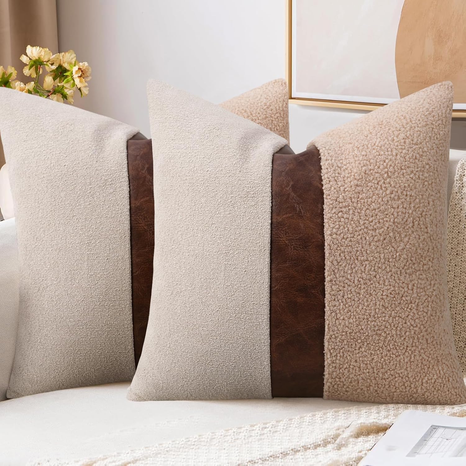 Adabana Modern Decorative Beige Pillow Covers 18x18 Set of 2 Faux Leather Patchwork Pillow Cases for Bed Couch Safa Living Room Bedroom,Beige and Brown
