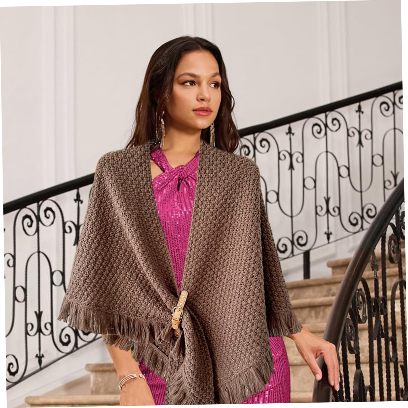 Chal para mujer Pashmina de ganchillo con hebilla Borlas de caramelo Suéter Mantón Bufanda triangular cálida para otoño invierno, para mujer