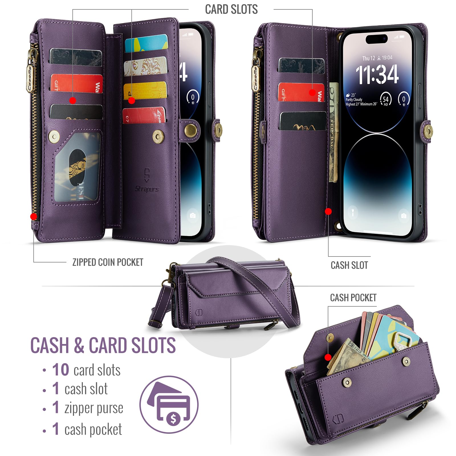 Strapurs Wallet Case Compatible with iPhone 14 Pro Max RFID Blocking 10-Card Holder Soft PU Leather Magnetic Snap Shoulder Strap Zipper Pocket Phone Case Fit for iPhone 14 Pro Max - Purple