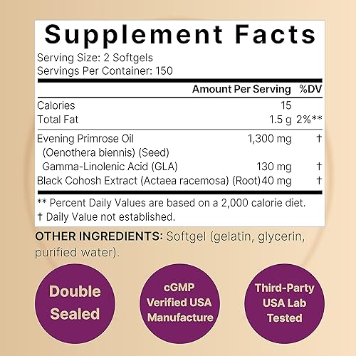 Miniatura 2 de NatureBell Aceite de onagra con cohosh negro, 1,300 mg por porción, 300 mini cápsulas blandas Semillas prensadas en frío, conserva 130 mg de GLA
