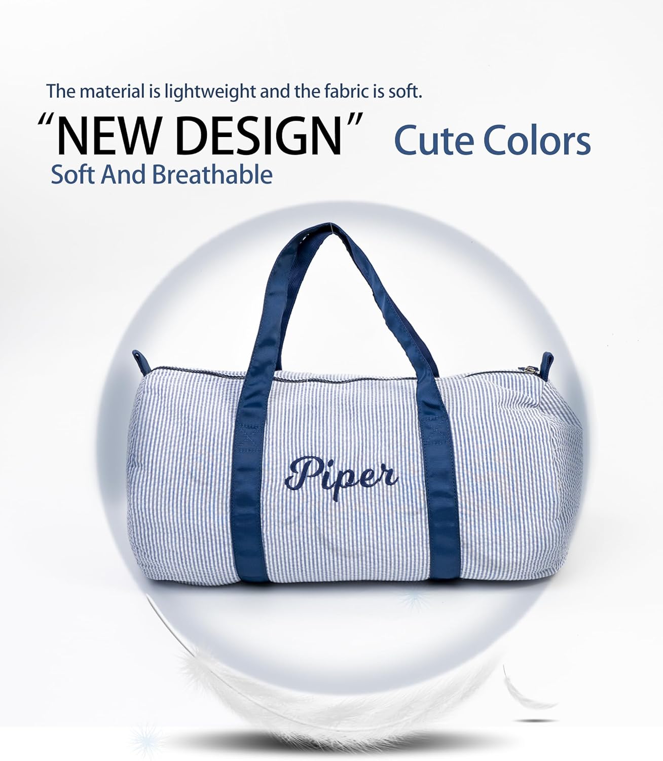 MT WORLD Boys Seersucker Overnight Bag Personalized Toddler Duffle Bag with Name Lightweight Travel Duffle Bag for Little Boys Monogrammed Daycare Bag for Sleepover Travel New Baby Boys Gifts (Blue) - Image 3