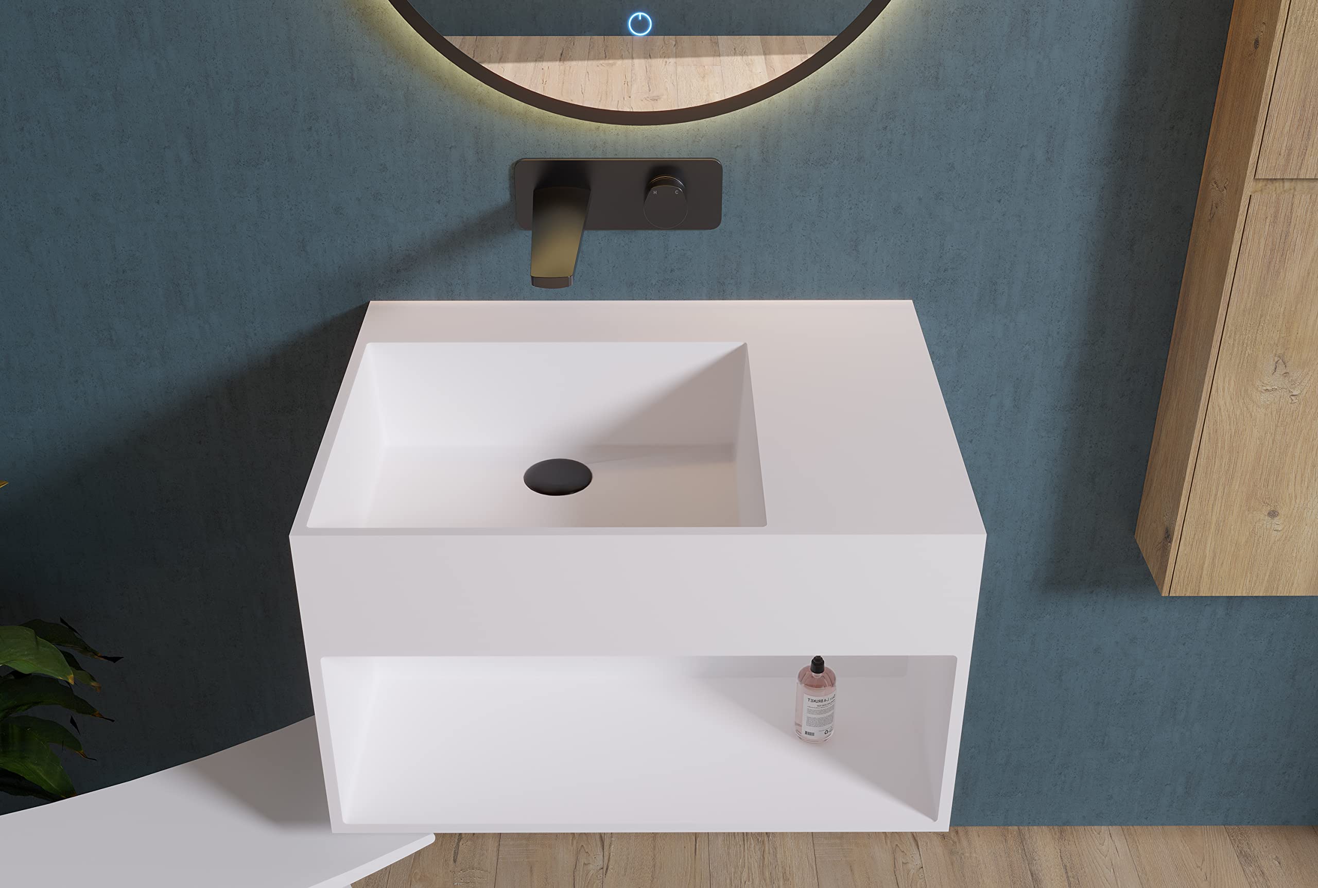 BERNSTEIN - Vasque Lavabo Rectangulaire suspendu fonte minérale Lave main mural Blanc mat 60x46x35cm + Etagère & Bonde pop-up noire - Design, Robuste & Durable - PB2158