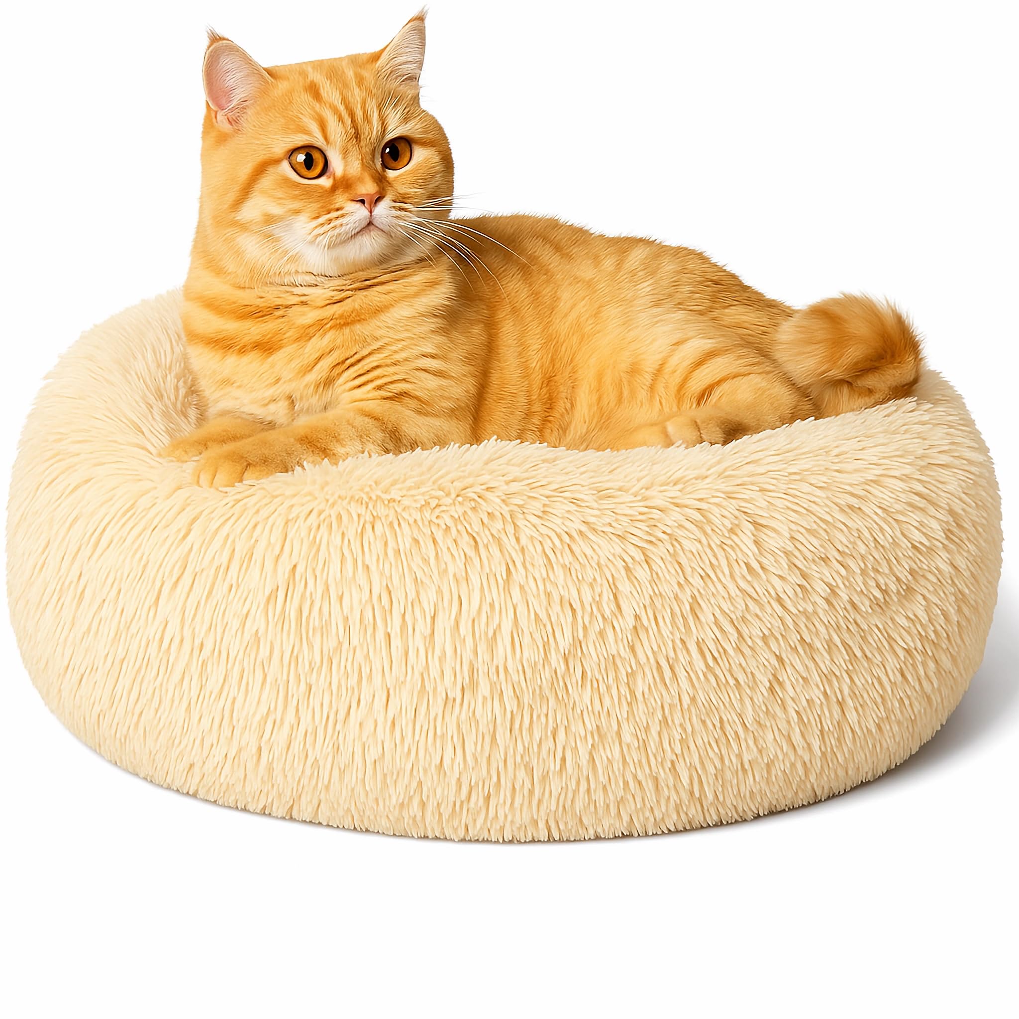 SEOUGEE Calming Donut Cat Bed, Fluffy Plush Round Dog Bed, Cosy Soft Washable Cushion Warming Pet Beds with Non-Slip Bottom, Indoor Sleeping Cuddler Nest for Cats Puppy Kitten (Apricot 40cm)