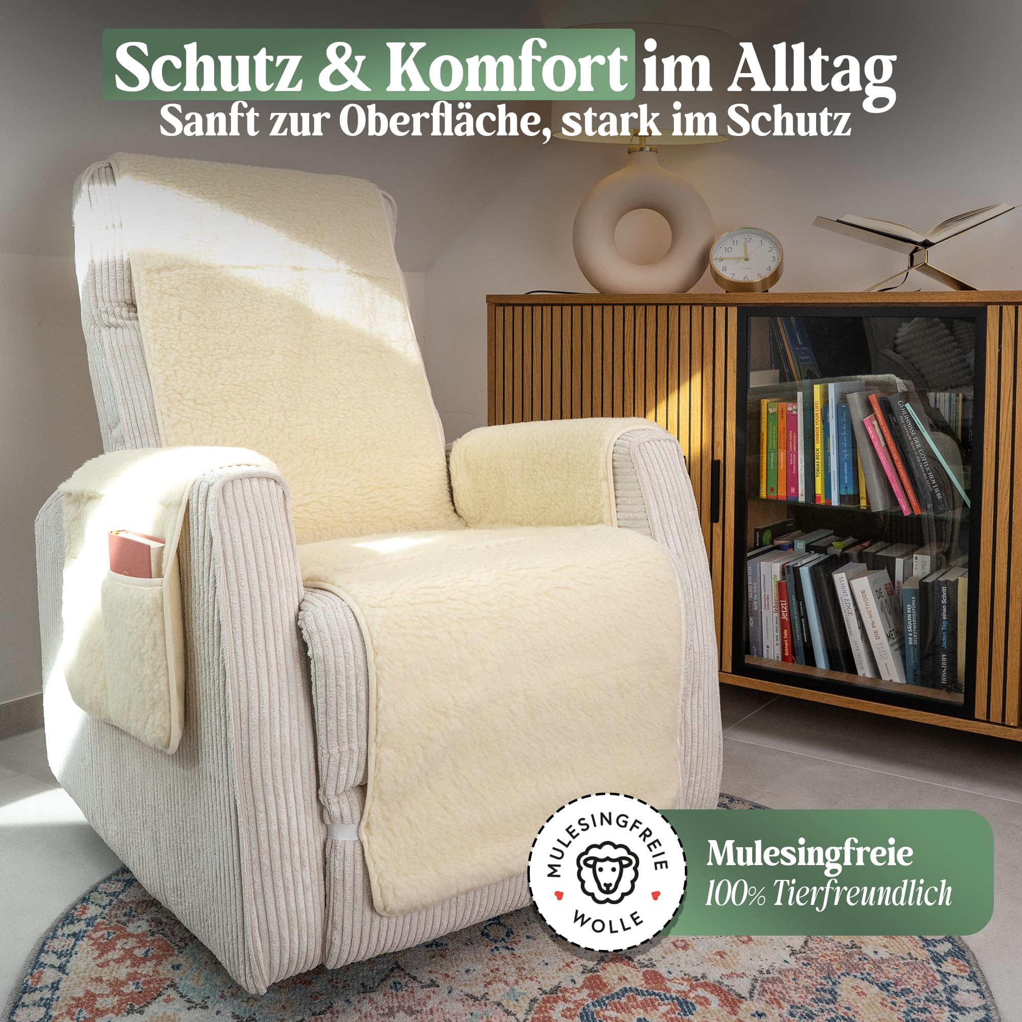 Novaliv Sesselschoner für Relaxsessel Natur - Universeller Sesselschoner mit Armlehne und Fußteil - Schonender Sessel Bezug aus Schurwolle Komfort Sesselbezug Relaxsessel Sesselauflage Sesselüberwurf