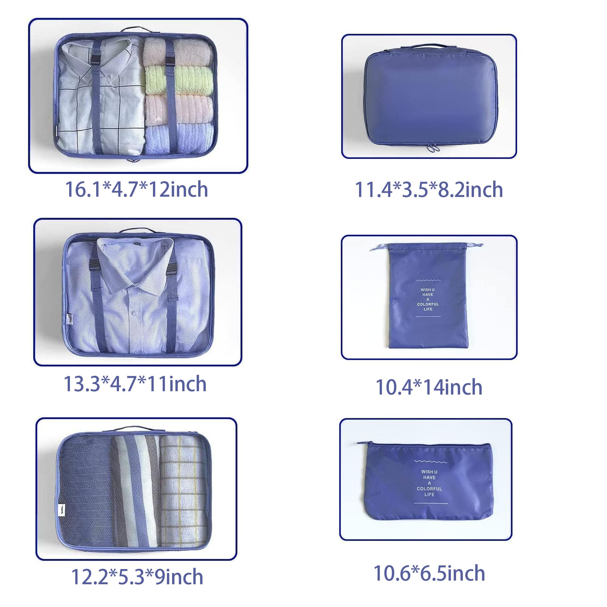 LANSKLBD 6/8 Set Packing Cubes for Suitcases Travel Luggage Packing Organizers,Travel Accessories Essentials Luggage Organizer with Shoe/Tioletry/Laundry Bag (Dark Blue, 6 set) view 7