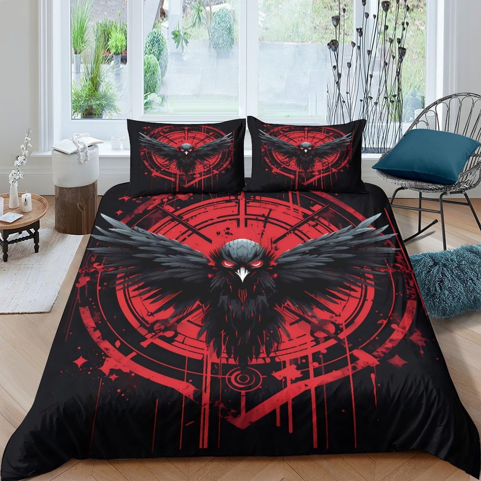 Ctjqhvkz Style-8 3D Printed Black Red Raven Fitted Sheet Microfiber Gothic Skull Bed Cover For Bedroom Dorm Mattress Decor Single（135X200cm）