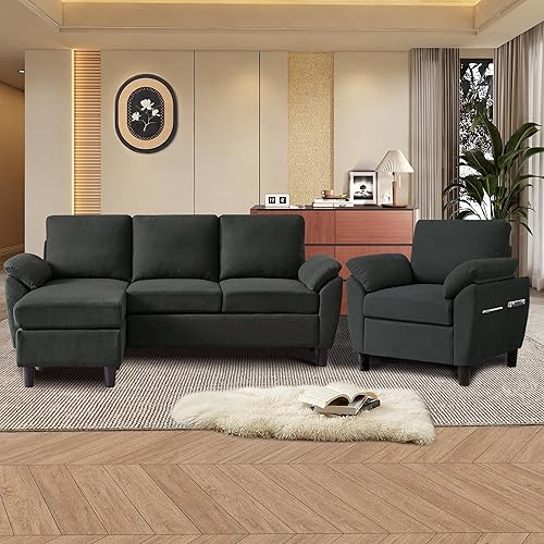 Convertible Sectional Sofa Set, Modern L Shaped 3 Seat Sofa with Reversible Ottoman and Accent Chair, Linen Sectional Couches for Living Room, Black