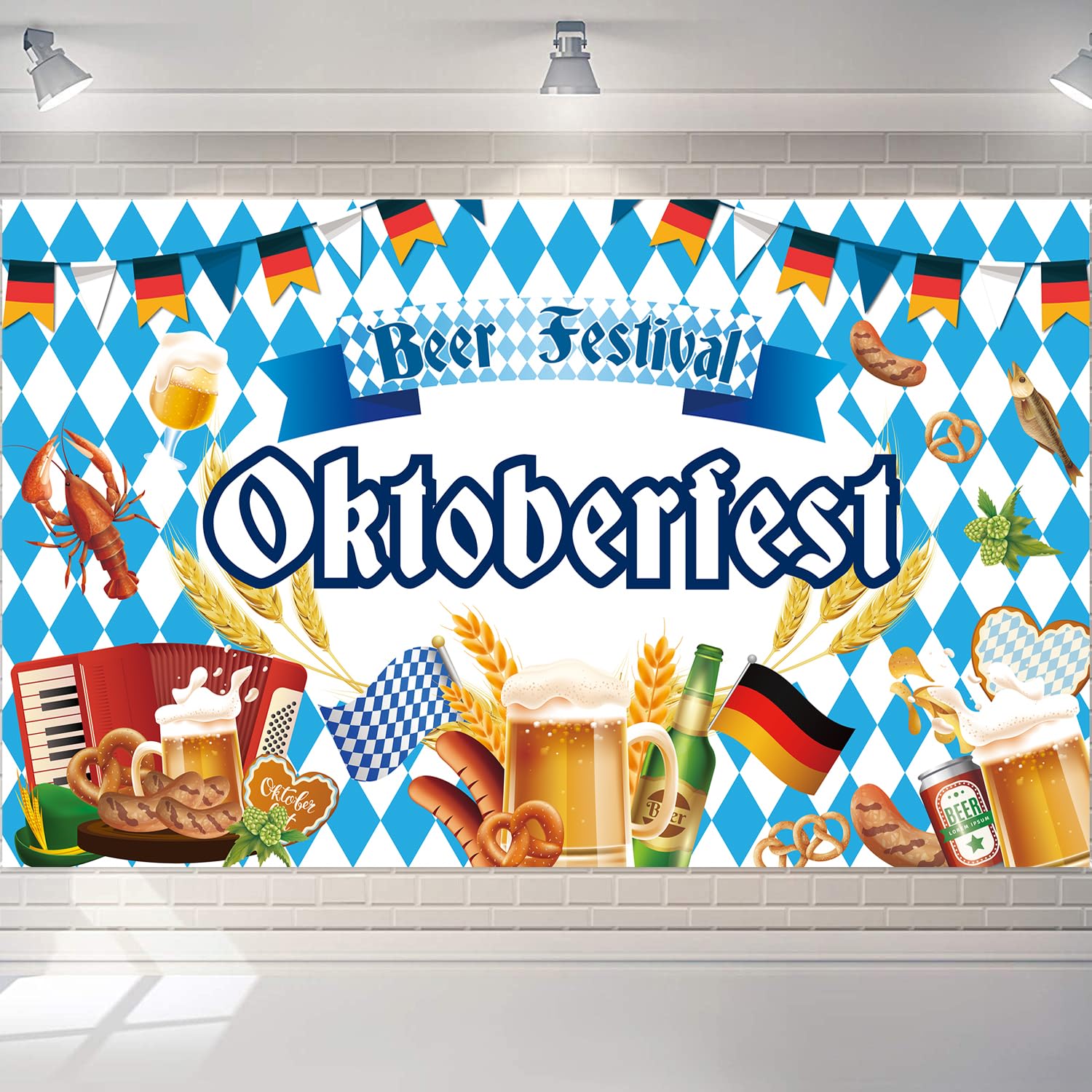Oktoberfest Decorations, Oktoberfest Banner Backdrop for Oktoberfest Party Decorations, Bavarian Check Flag German Theme Beer Festival Decorations