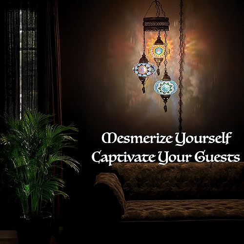 Miniatura 6 de DEMMEX Lámpara colgante de techo con mosaico turco marroquí, 3 globos grandes (enchufe de 3 x 7 globos)