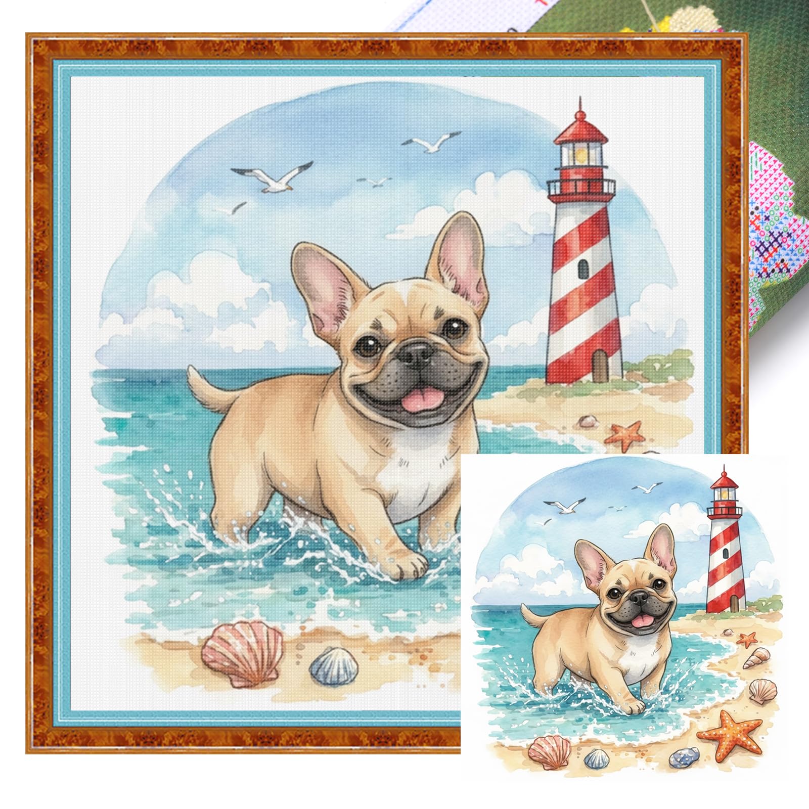 Poetrydraw French Bulldog On The Beach Full 14Ct Diy Stamped Cross Stitch Kits 11.81X11.81inch Embroidery Needlepoint Starter Kits For Beginners Adults Home Decor (French Bulldog)