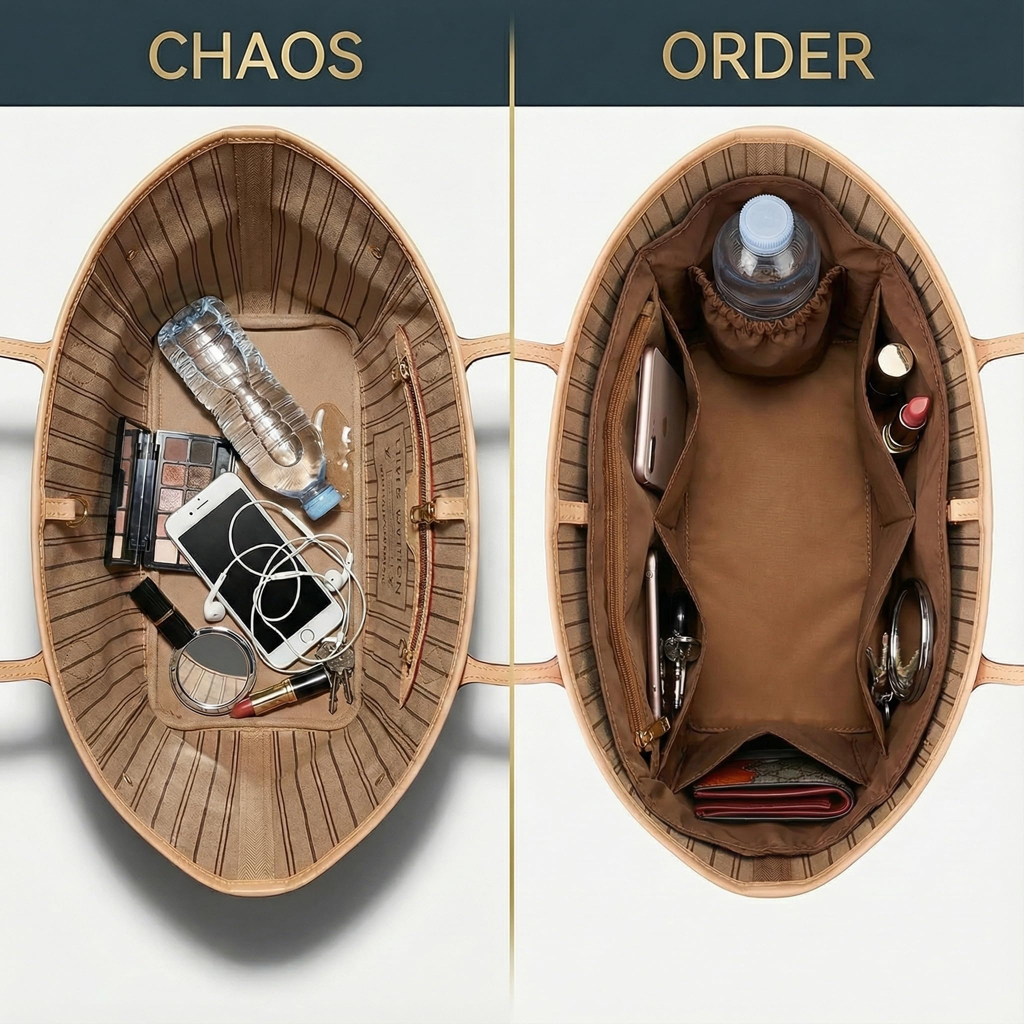 Organizador de nailon para bolso con moldeador de base (marrón, grande) | Volcuna Organizador resistente al agua para bolsas de mano, forro grande con portavasos y bolsa con cremallera