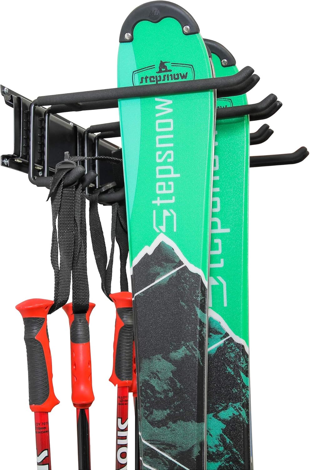 RaxGo Ski Wall Rack, Holds 4 Pairs of Skis & Skiing Poles or Snowboard for Home and Garage Storage, Wall Mounted, Heavy Duty and Adjustable Rubber-Coated Hooks