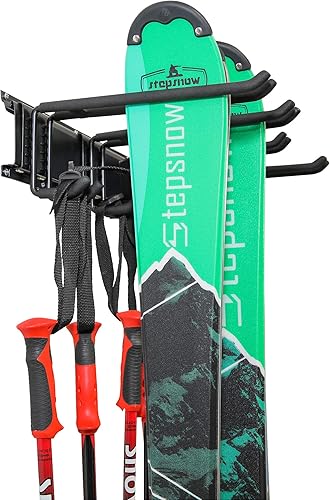 Miniatura 7 de Estante de pared para esquí, capacidad para 4 pares de esquís y bastones de esquí o snowboard para almacenamiento en el hogar y el garaje, montaje
