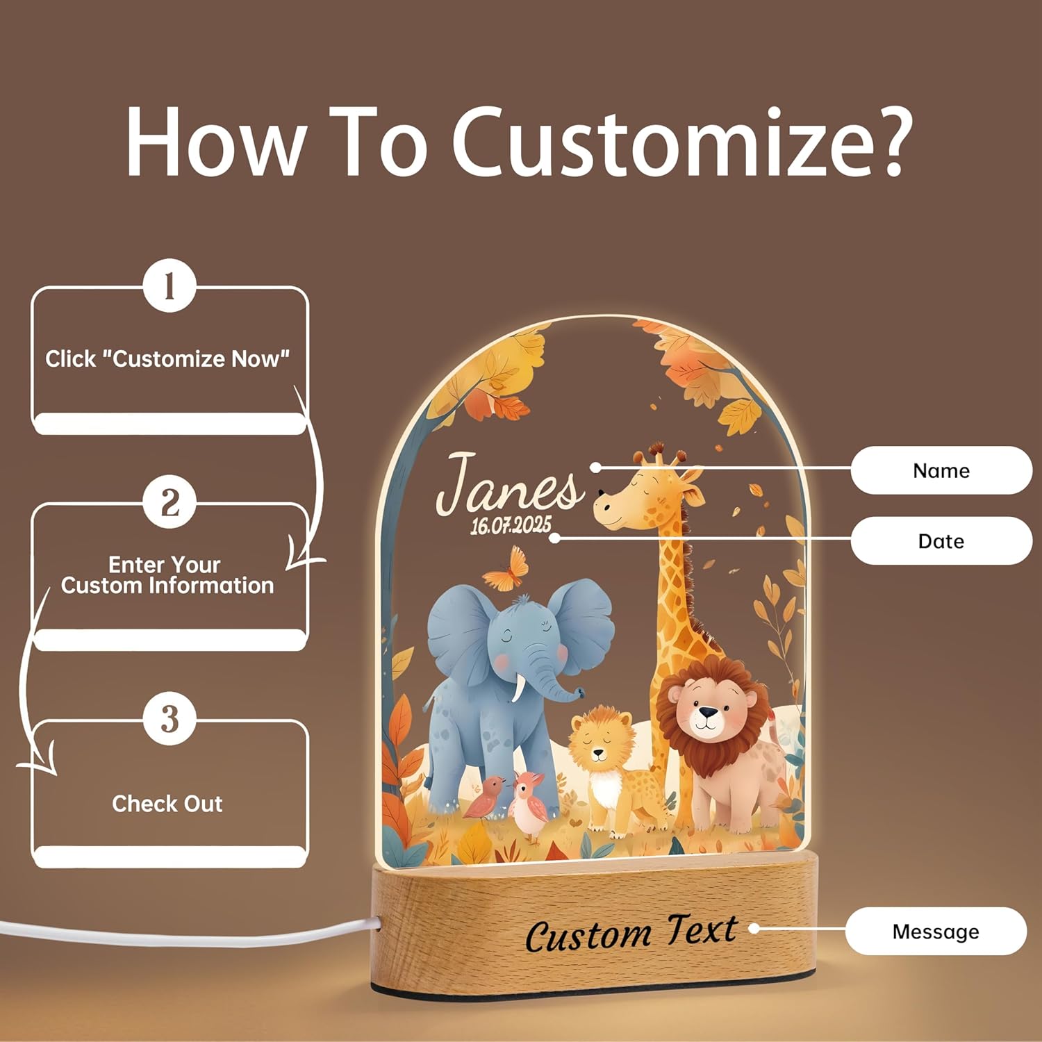 7 Geeft Personalized Baby Gifts for Kids, Safari Jungle Animal Name Night Light for Toddler, Custom LED Acrylic Plaque Lamp, Perfect Christmas Newborn Baby Shower Gifts for Boys Girls Nursery Decor