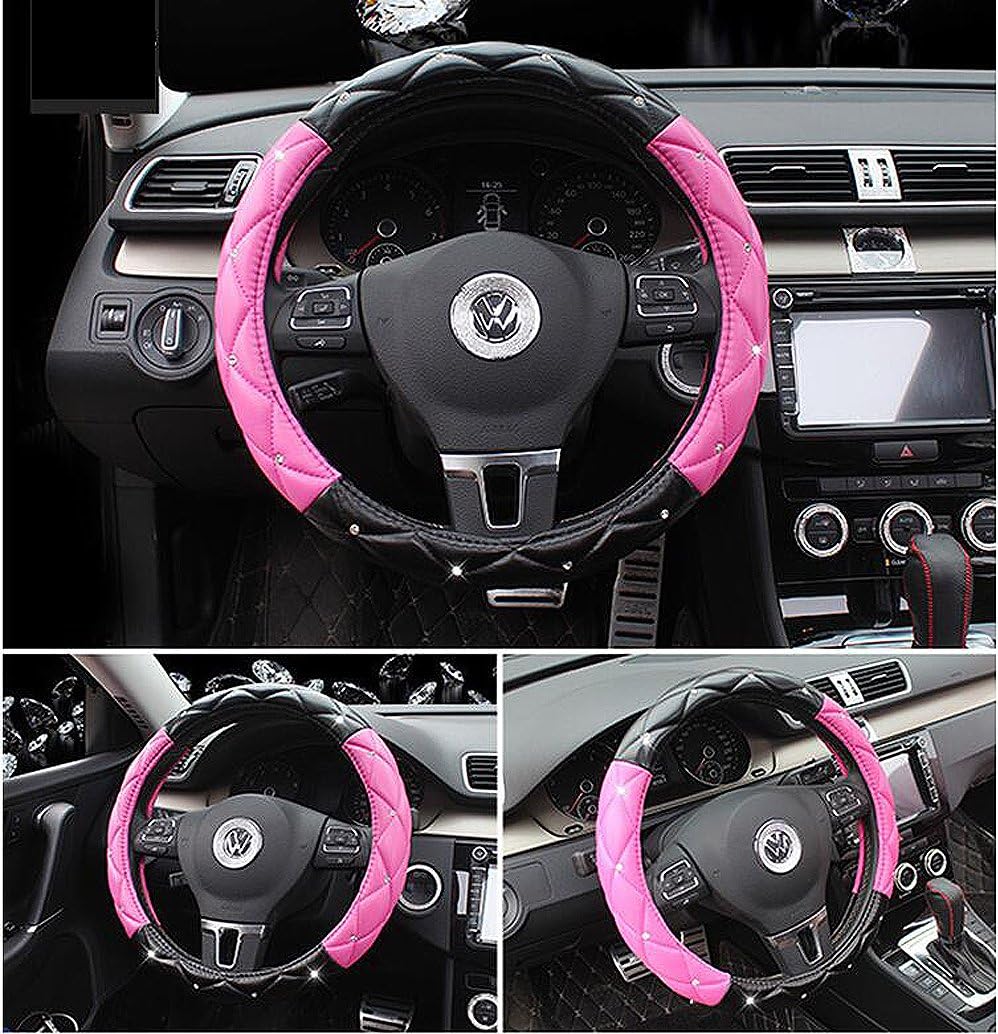 Comfort Leather Auto Car Steering Wheel Cover,Anti Slip Universal 15 Inch,Black&Pink