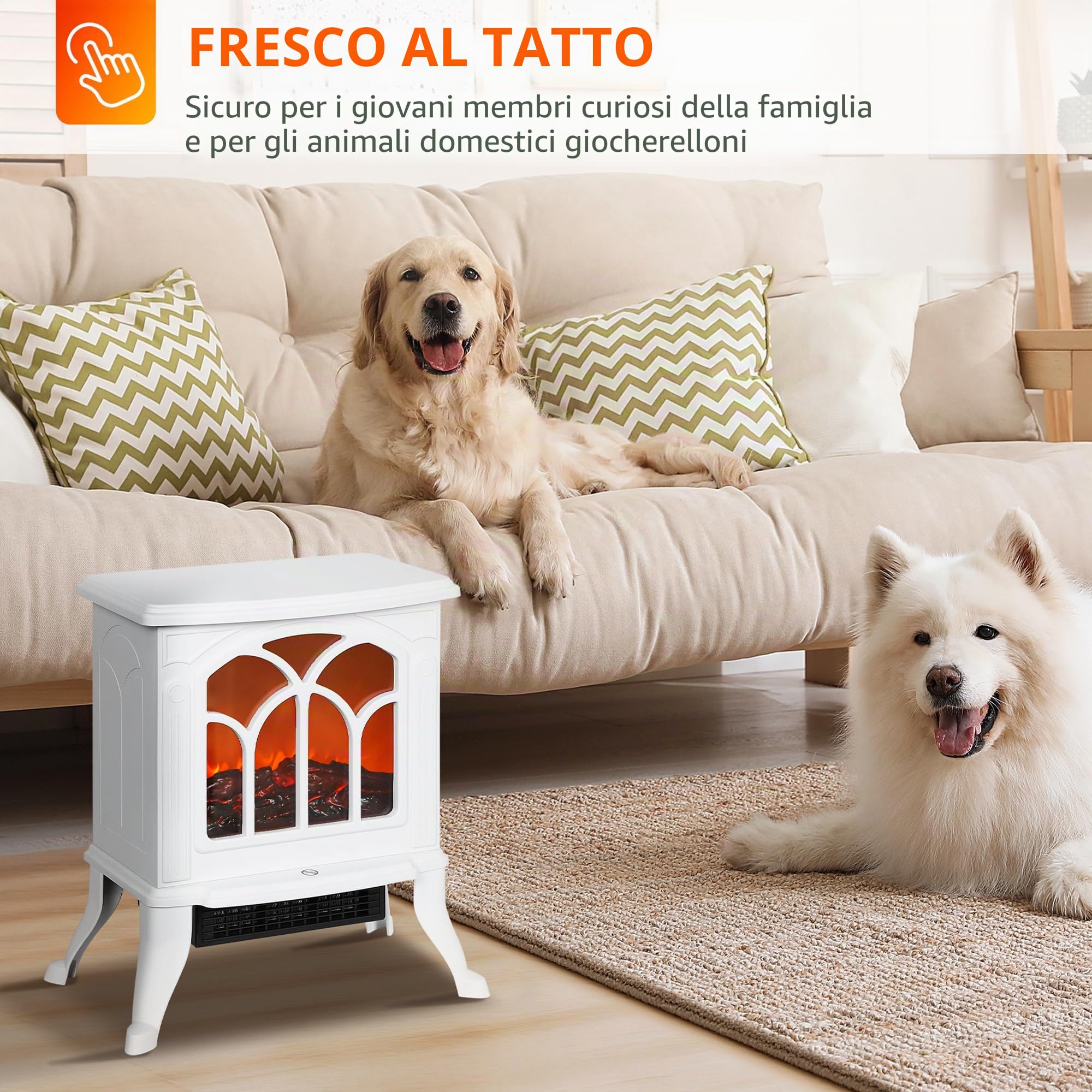 HOMCOM Camino elettrico su piedistallo 750/1500 W, falso camino decorativo con effetto fiamma LED, protezione contro il surriscaldamento, area di copertura 15-20 m², bianco