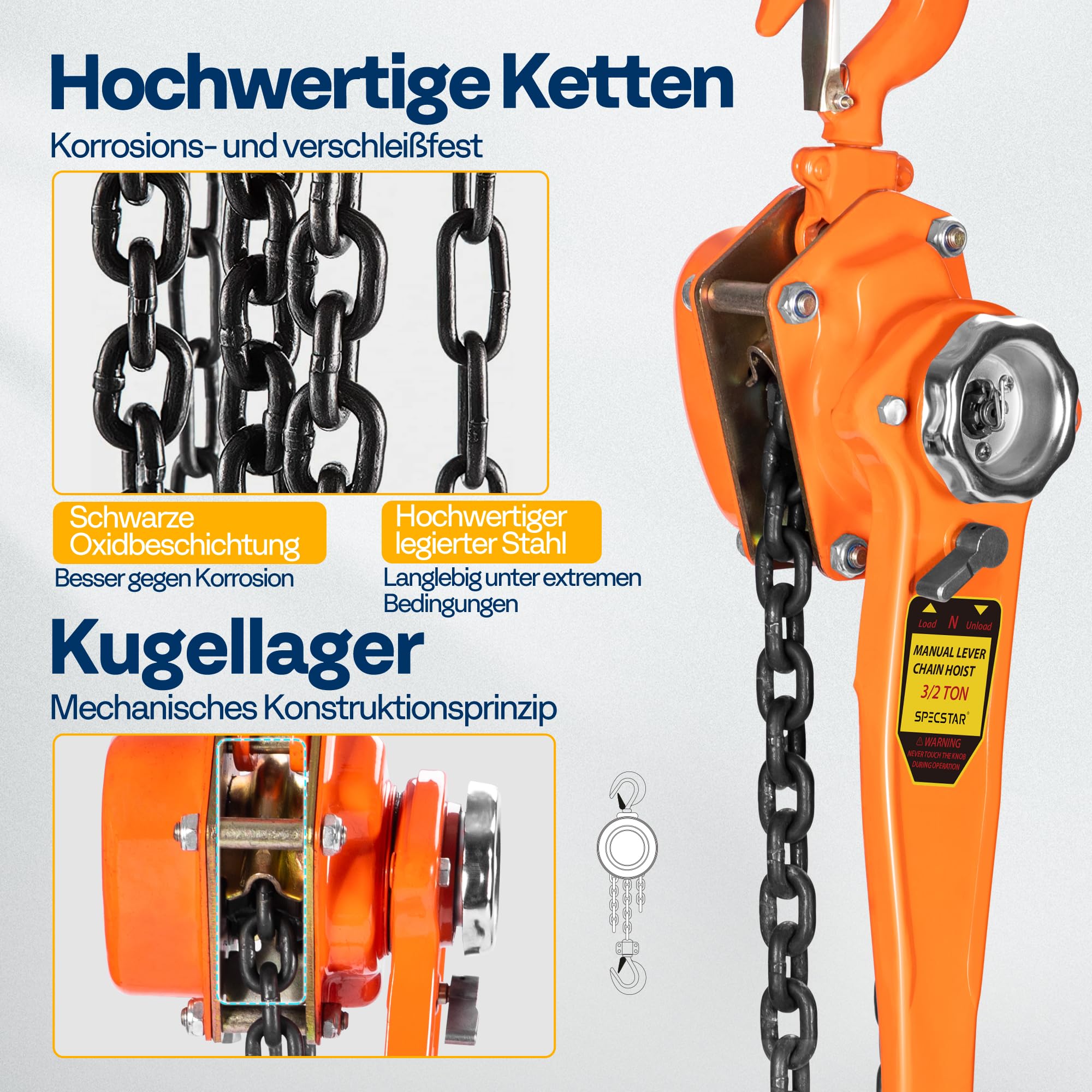 SPECSTAR Hebelzug 1500kg Manueller Kettenzug 360° drehbarer Haken G80 Manganstahl 3m Hubhöhe