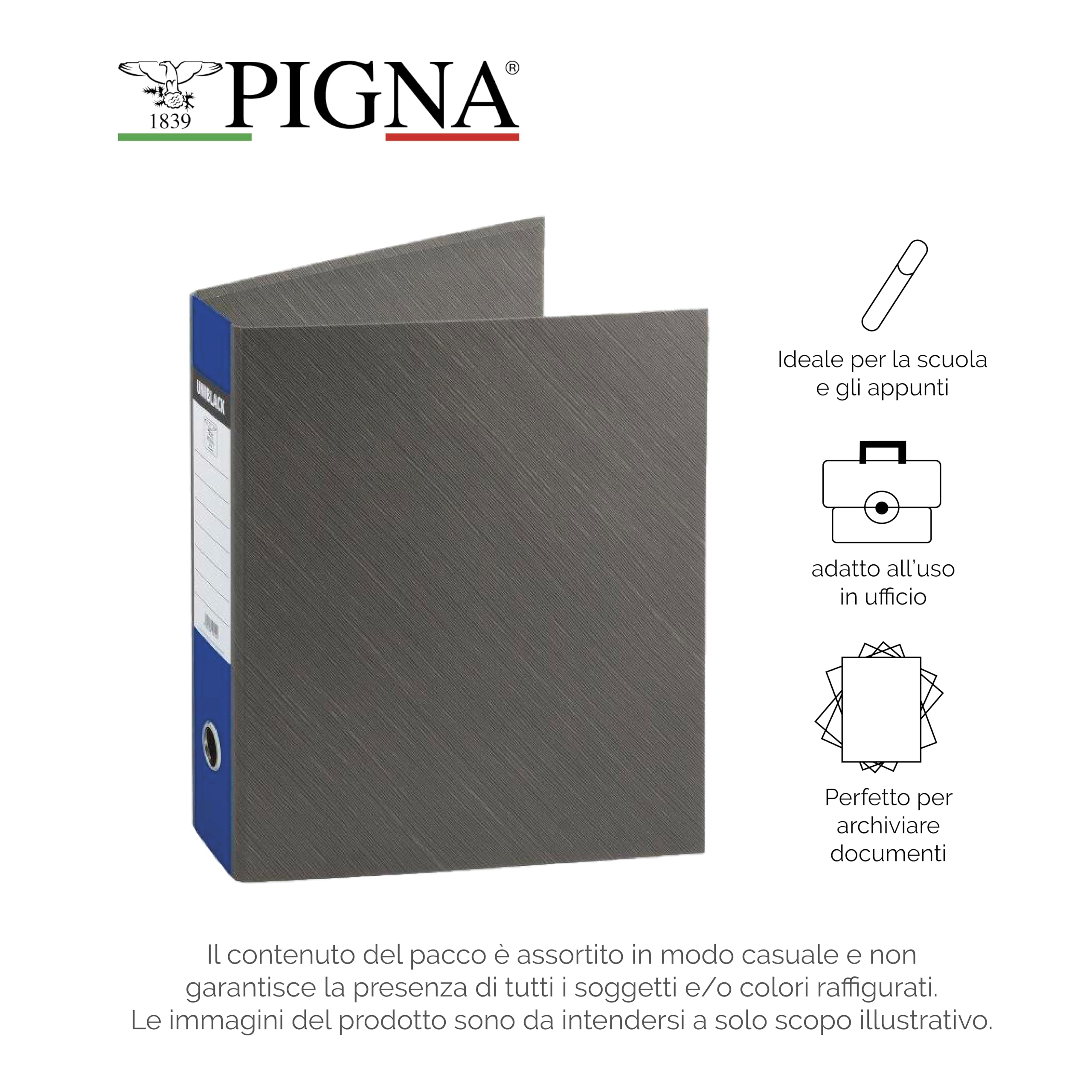Pigna, classeur à dos 8 Uniblack, élégant et professionnel, idéal pour le bureau et l'étude, avec étui gris, format 28,5 x 33,5 x 8 cm, boîte de 12 pièces