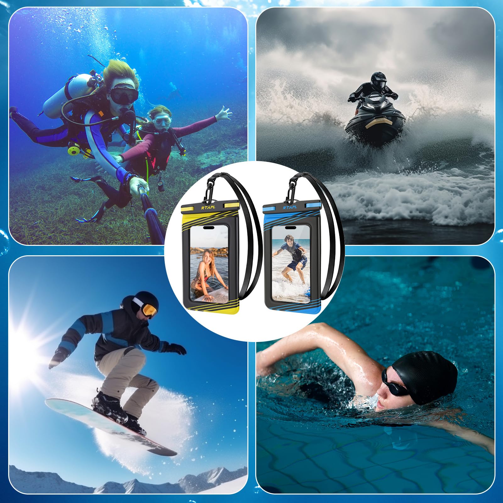 Universelle wasserdichte Handytasche, schwarz, für Smartphones, Touchscreen-kompatibel, Strand-Schwimmschutz, Schwarz und Gelb, 2 Stück