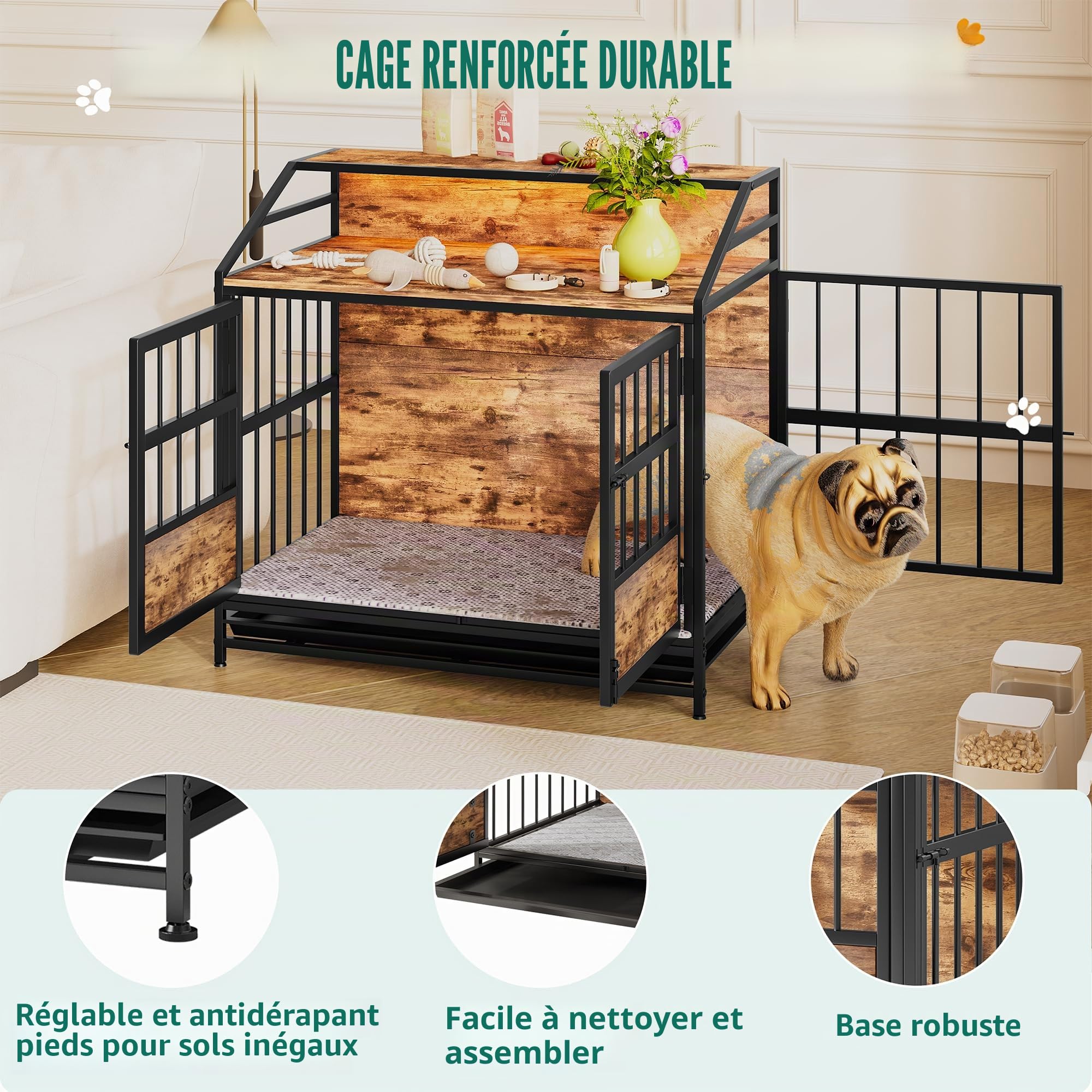 Cage chien, meuble rangement étagère, table bois, niche moyenne, plateau amovible