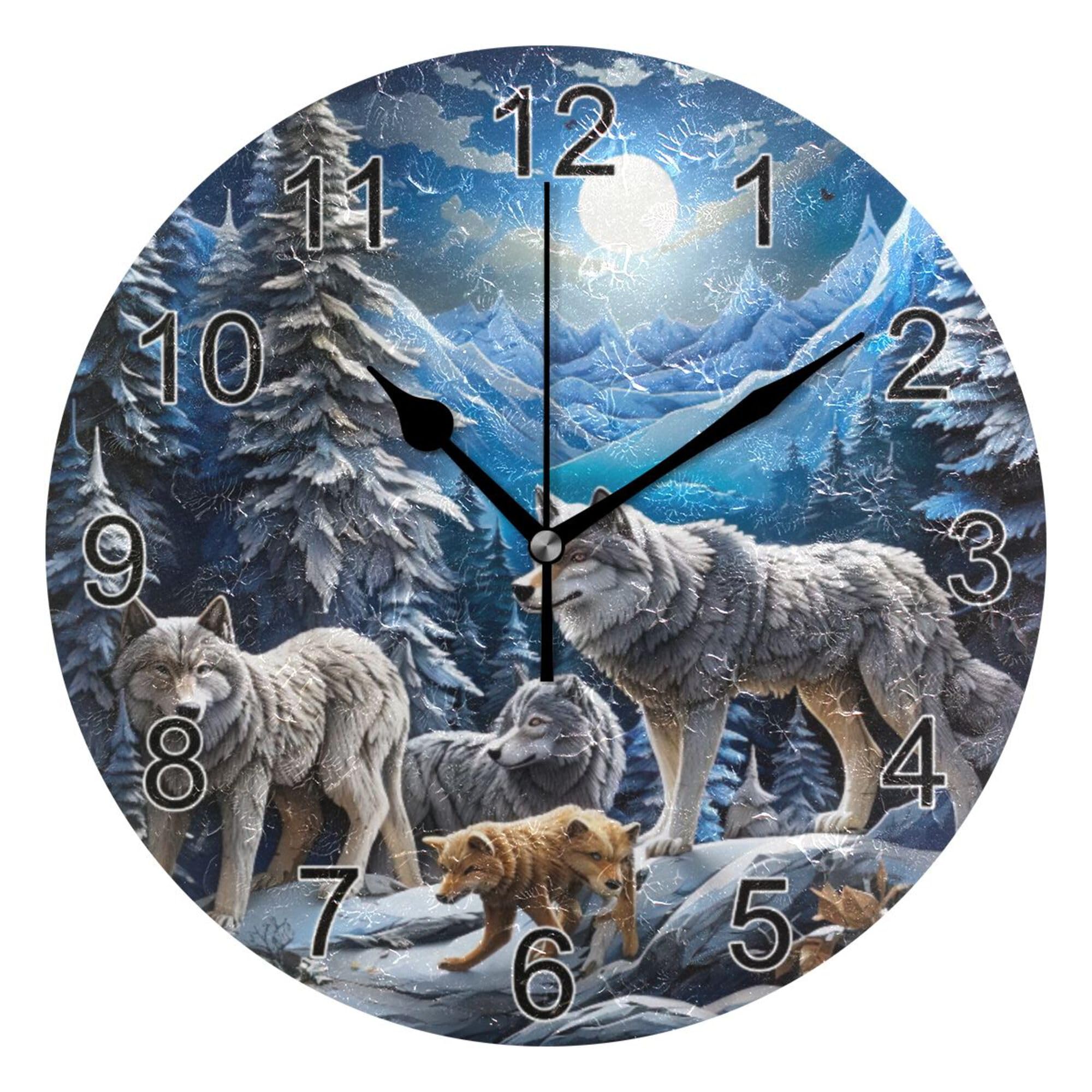 Horloges Murales sans Tic-Tac Jungle des Loups Blancs 25cm Facile À Lire