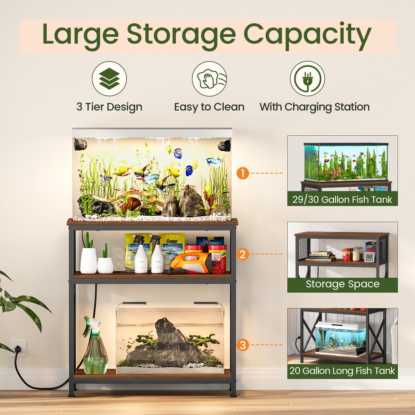 Snughome Support d'aquarium de 75 litres avec station de charge, support d'aquarium robuste avec armoire de rangement, support d'aquarium en métal pour aquariums de 60 de long, 85 et 90 litres