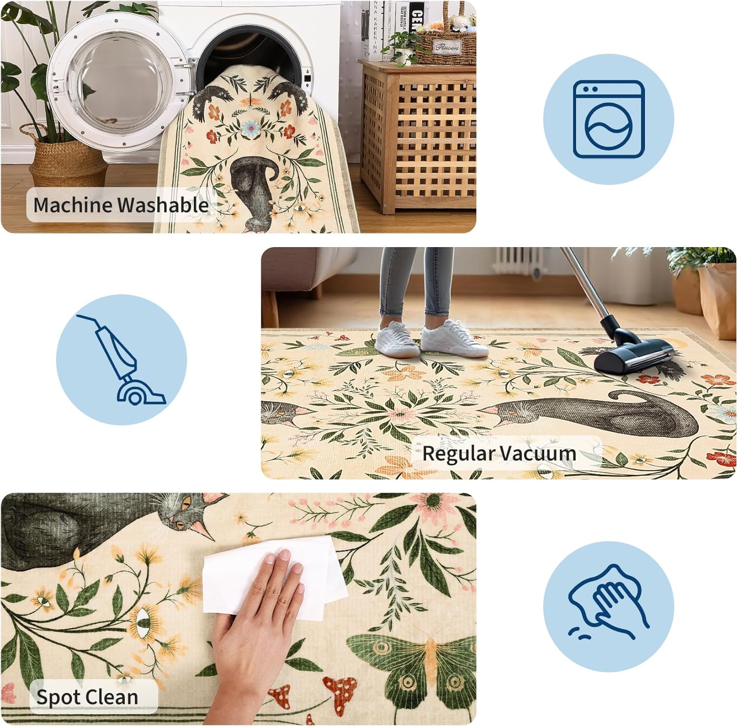 GarveeHome 2x6 Cat Washable Runner Rug for Kitchen, Soft Beige Hallway Runner Non Slip Mushroom Moths Entryway Rug Floral Laundry Mat Stain Resistant Carpet for Bedroom Bathroom Beside Rug