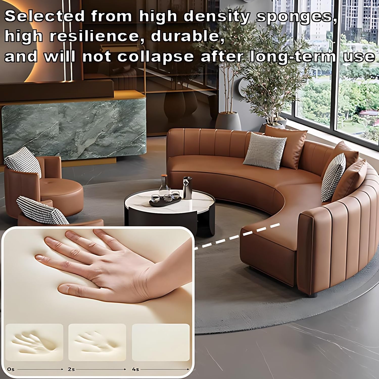 Modern Curved Sectional Sofa Set for Living Room – Leather Couch Sets with Oversized Seats, High-Density Foam, No Assembly Sectional Couches with Coffee Table (Brown Sofa+3Chairs+Table, 150IN)
