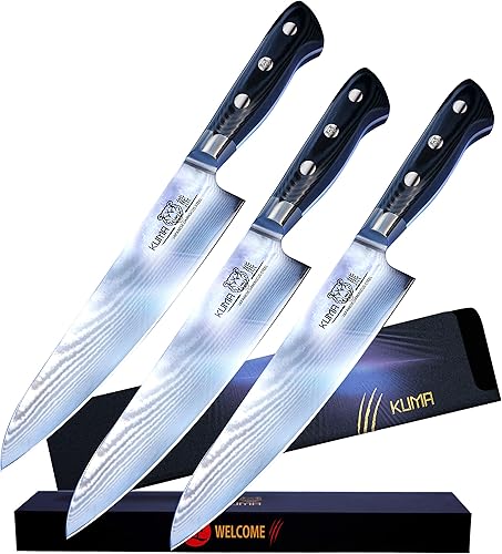 Cuchillos de cocina Damasco - Fabricados con acero frío japonés - Fácil deslizamiento para precisión, tallar, cortar en dados y picar - Refuerzo