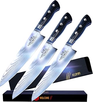 Damascus Kitchen Knives - Made with Japanese Cold Steel - Easy Glide for Precision, Carving, Dicing & Mincing - Round Bolster & Comfort Grip Provides Hours of Easy Use - 3 Pack