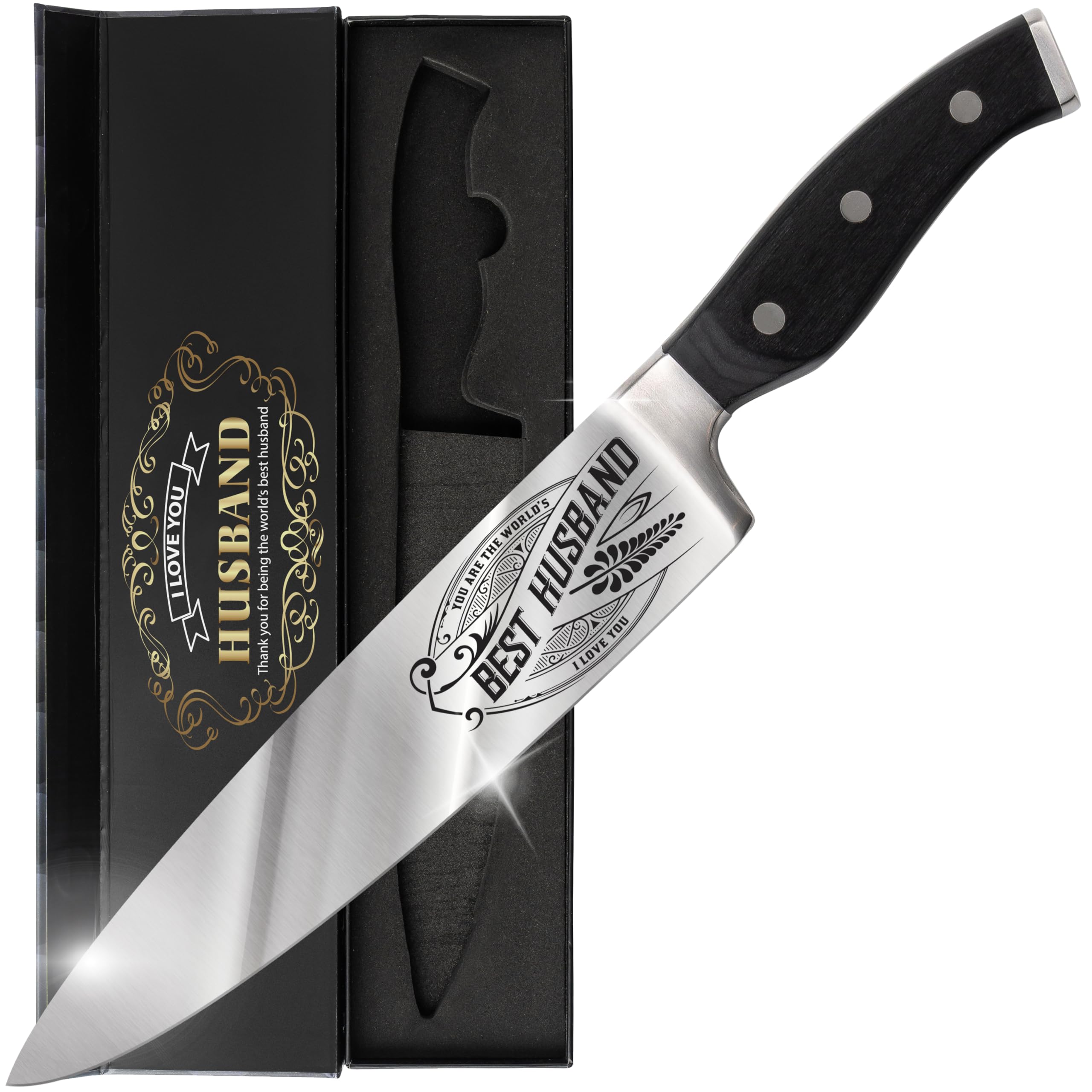 CUTLINX Christmas Day Gift BEST HUSBAND - Premium Chef Knife Gift - 8 in. Stainless Carbon Steel Kitchen Knive w/Pakka Wood Handle - Father's Day,