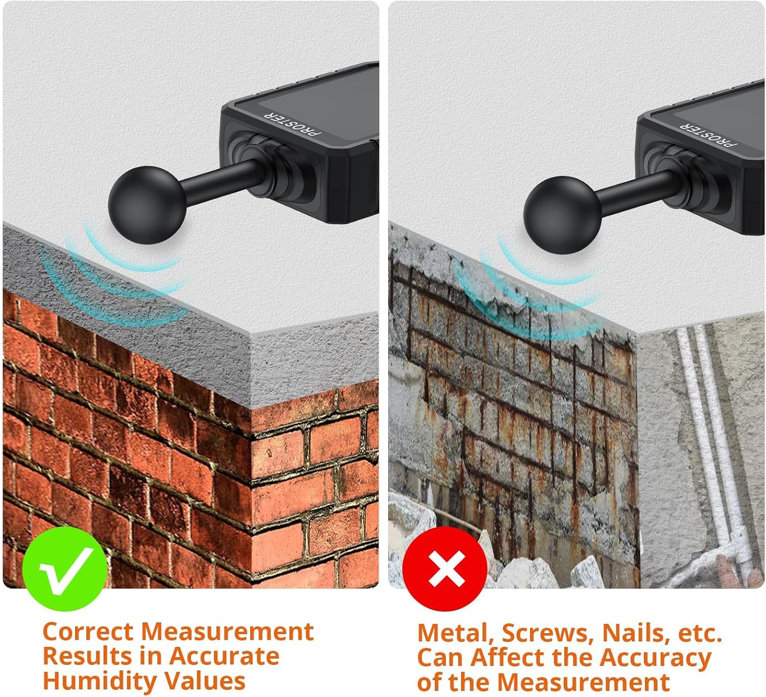 Comparison of correct measurement on brick wall versus incorrect measurement near metal rebar