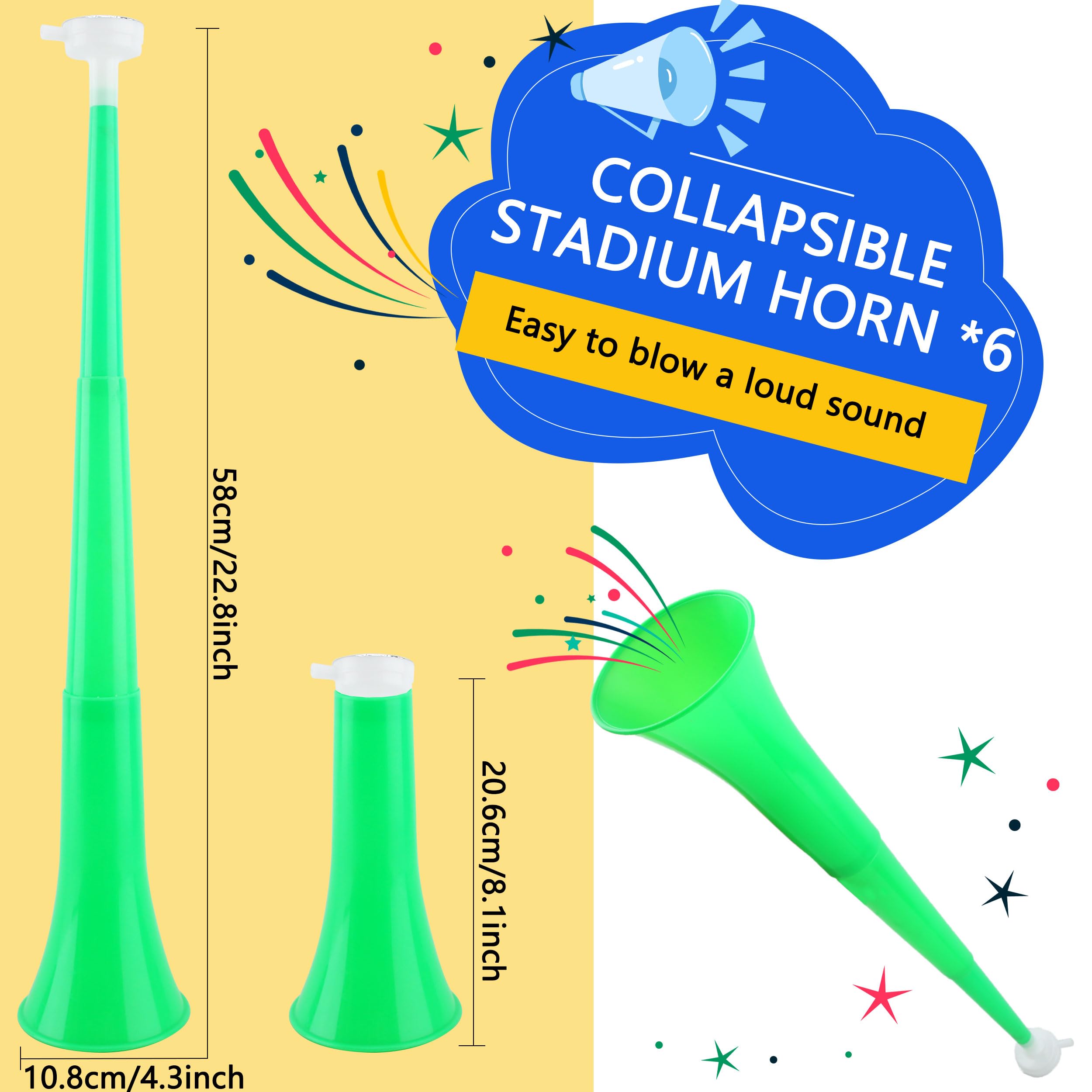 Cagemoga 8 Pack 24 Inch Collapsible Vuvuzela Stadium Horn Plastic Cheering Blow Horn Trumpets Noisemakers for School Sports Events Sports Party Supplies (Green)