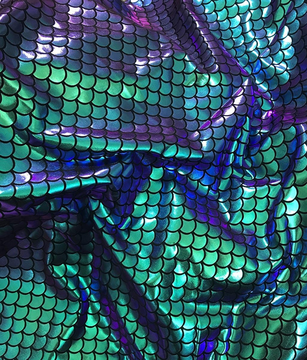 Large 1/2" Mermaid Scales Fabric 4 Way Stretch Spandex 58“ Sold by The Yard (2 Yards Continues, Turquoise Purple Green)