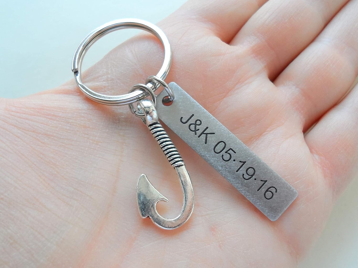 Custom Fish Hook Keychain with Engraved Tag for Couples or Best Friends Initials, Anniversary Gift Keychain - Image 3
