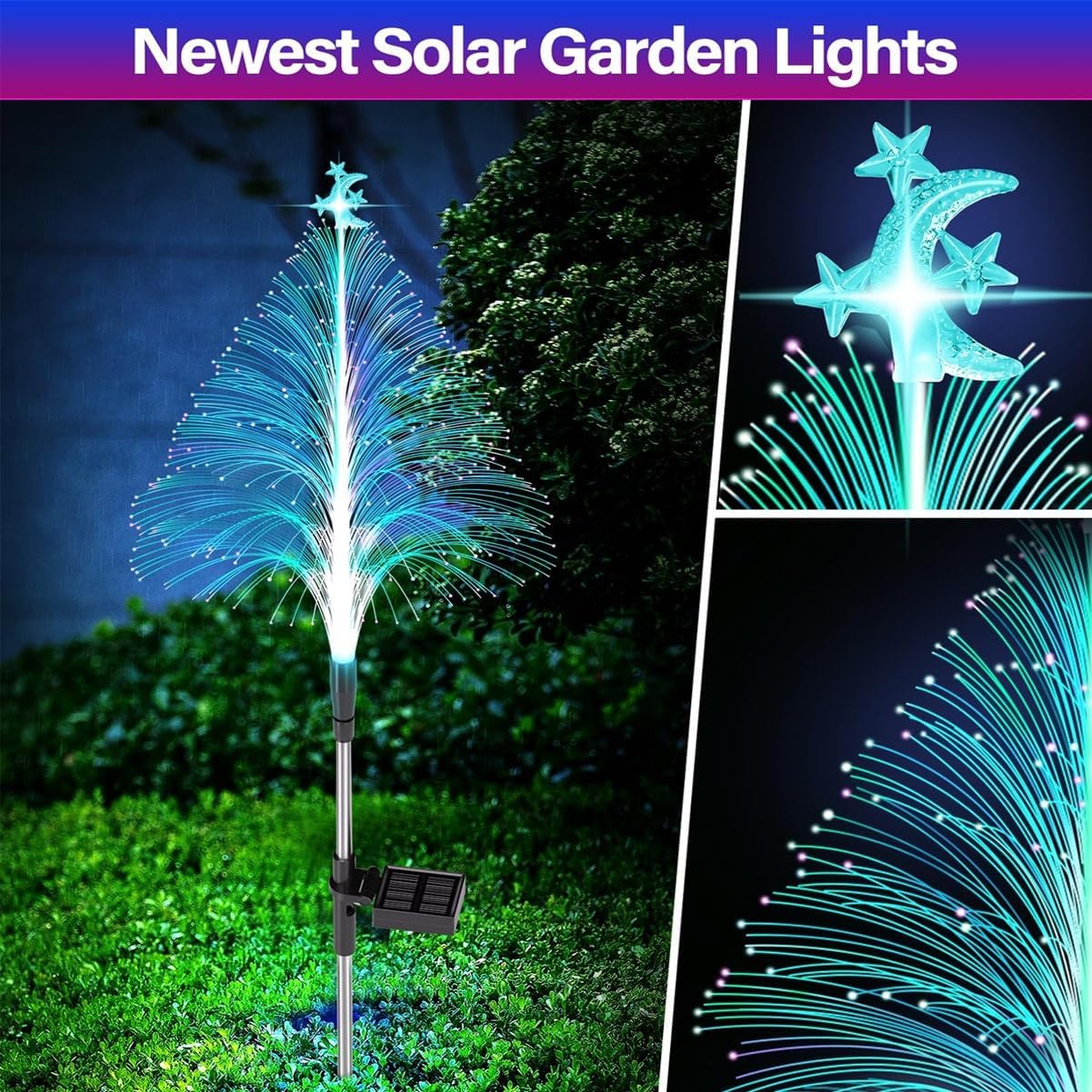 7 Color Changing Solar Christmas Trees Lights, Seven Colors Gradient Outdoor Waterproof Light with Star and Moon Decorations, Optical Fiber Lights for Outdoor Xmas Yard Garden Pathway Decor(3pcs)