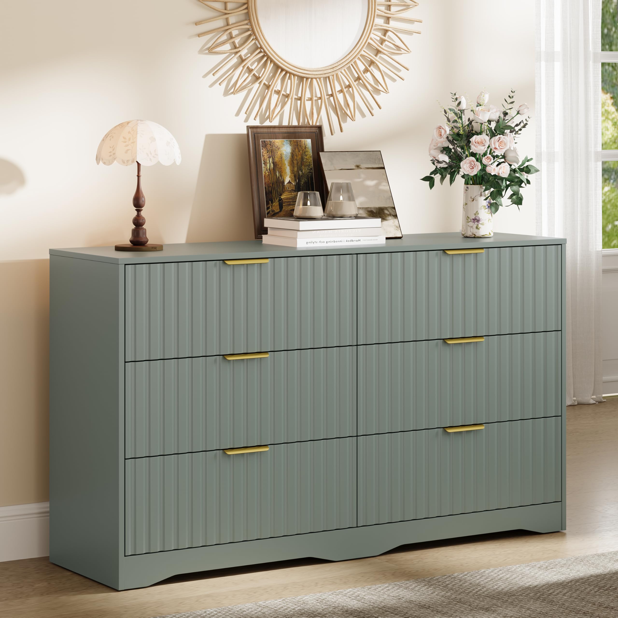 Fluted 6 Drawer Dresser for Bedroom,Wide Chest of Drawers,Green