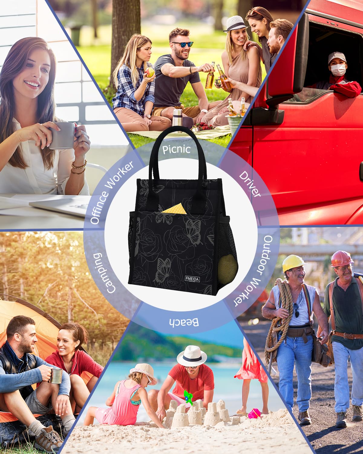Lonchera aislada para mujer, bolsas de almuerzo grandes de 9 litros con múltiples bolsillos, bolsa térmica reutilizable para el trabajo, oficina, picnic, viajes, cierre de velcro, mariposa 7