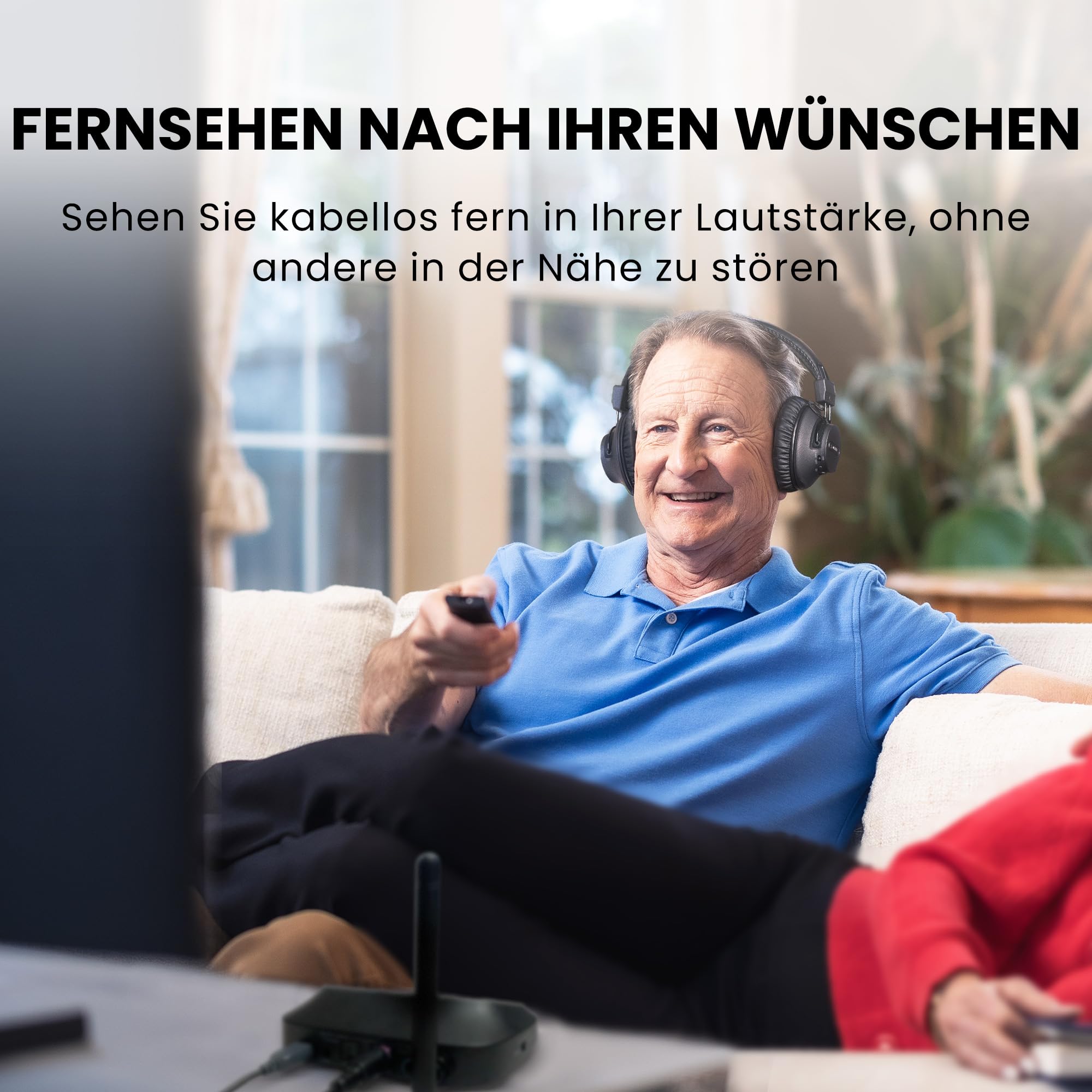 Avantree HT5009 Plus – Kabellose TV-Kopfhörer für Fernseher mit optischem oder AUX-Audioausgang, klare Sprachwiedergabe und Lautstärkeanhebung, komfortabler Over-Ear-Sitz, 60 Std. Akkulaufzeit