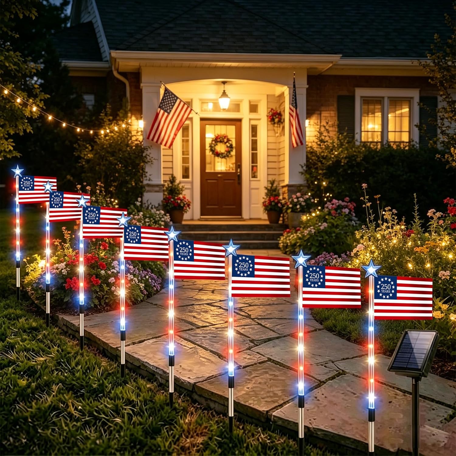 8 Pack Solar American Flag Pathway Lights - Patriotic Red White Blue Outdoor Stake Waterproof LED Lights with 8 Modes, Decorations 4th of July Memorial Day & Independence Day Yard Garden (Style A)